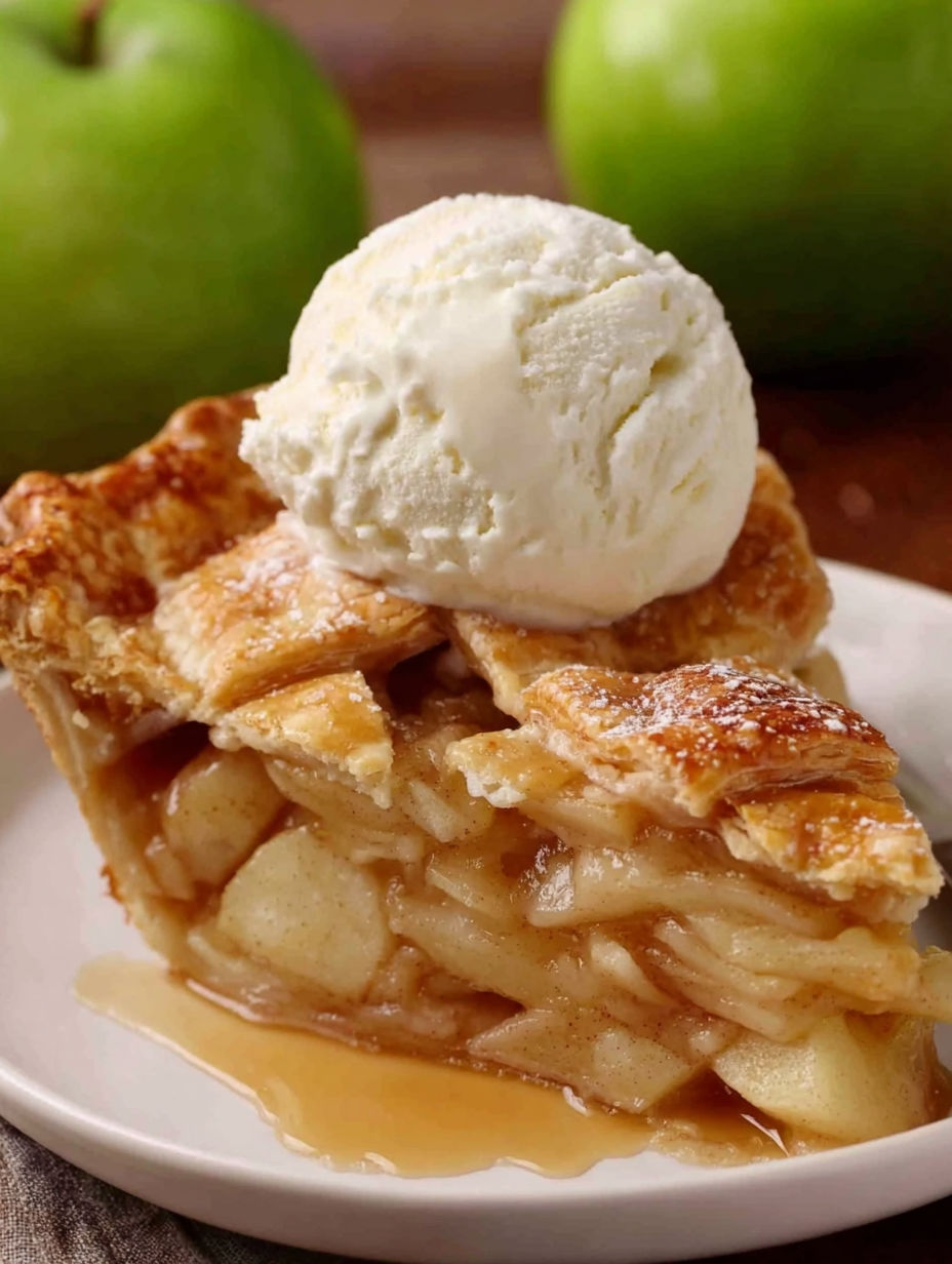 A homemade apple pie with a scoop of ice cream on top.