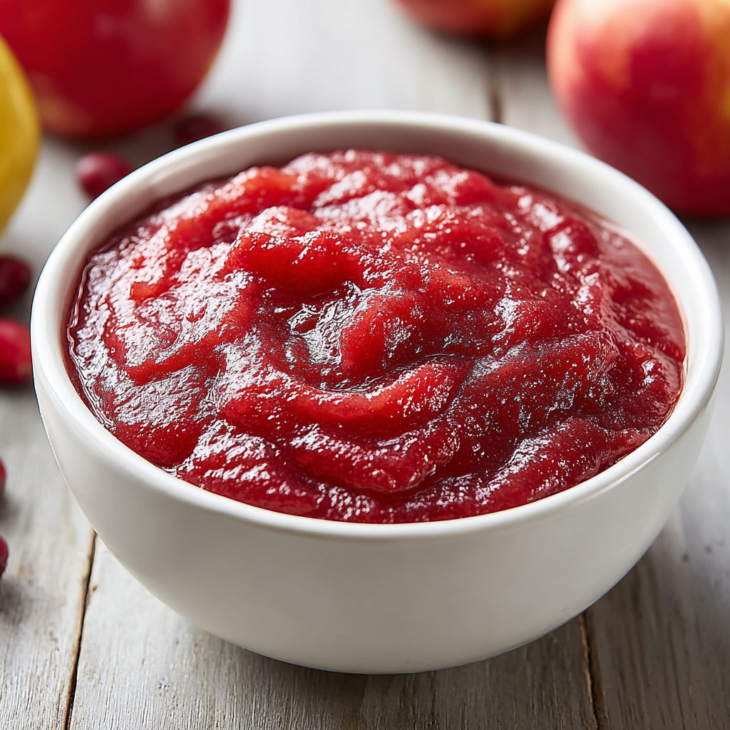A bowl of red cranberry applesauce.