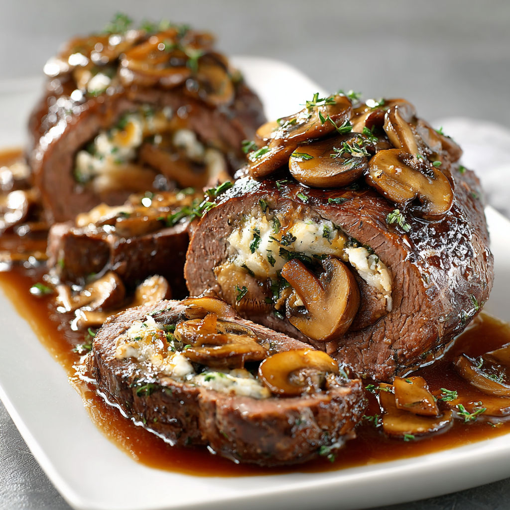 A plate of beef with mushrooms and onions.