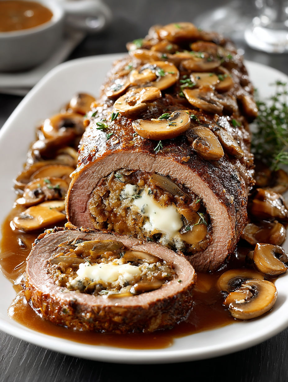 A beef tenderloin with mushrooms and caramelized onions.