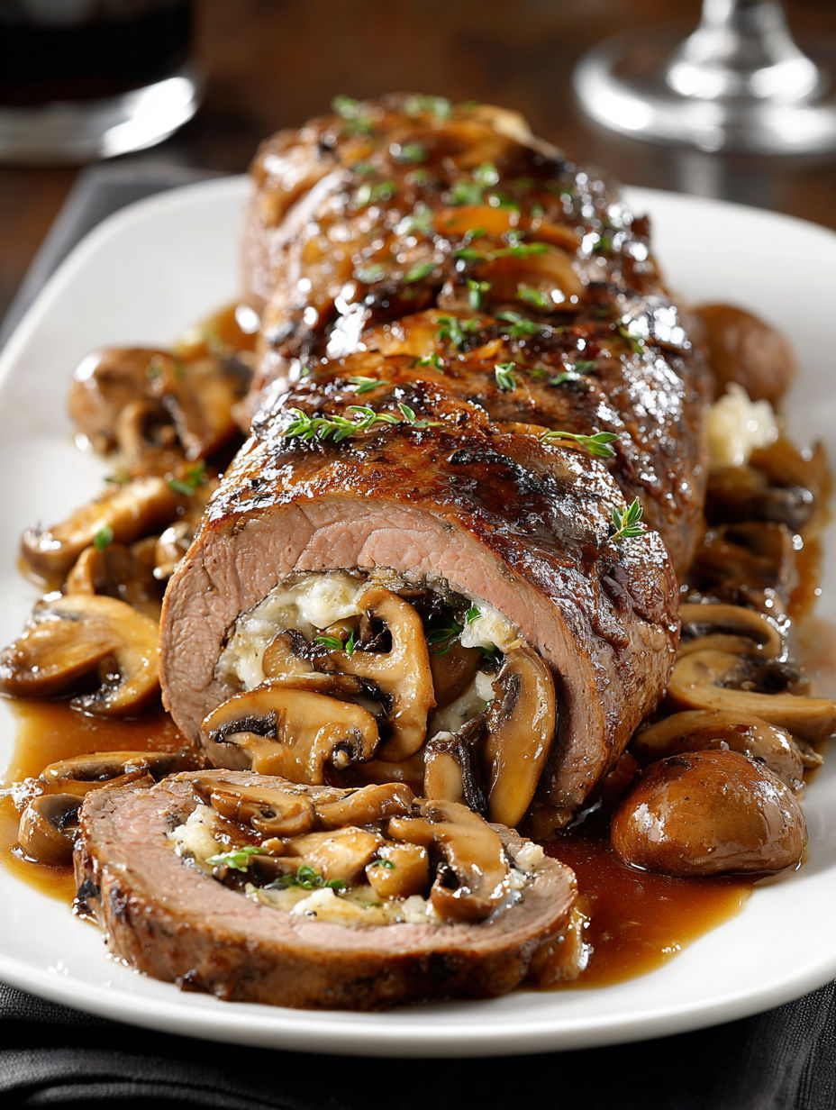A delicious looking Mushroom & Caramelized Onion Stuffed Beef Tenderloin.