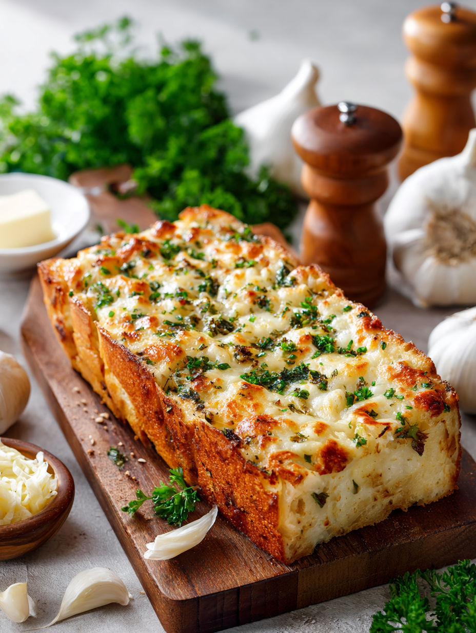 A cheesy roasted garlic bread is on a wooden cutting board.
