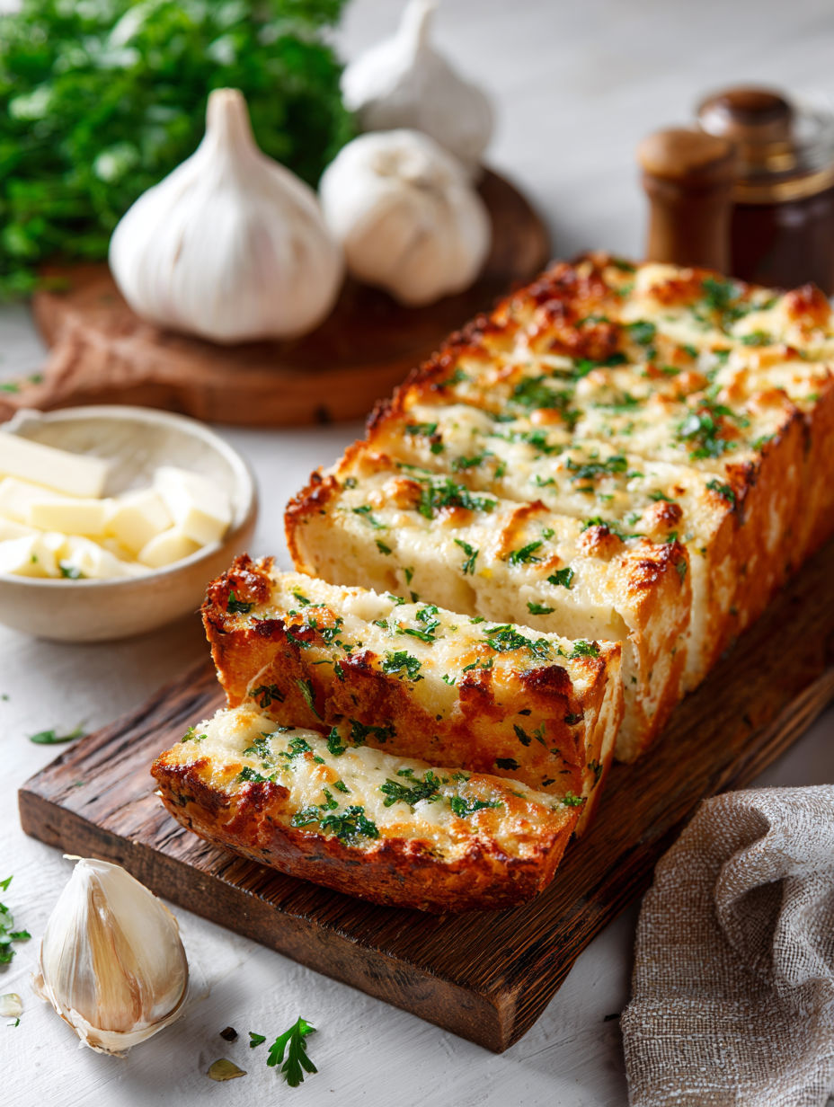 A slice of cheesy roasted garlic bread.