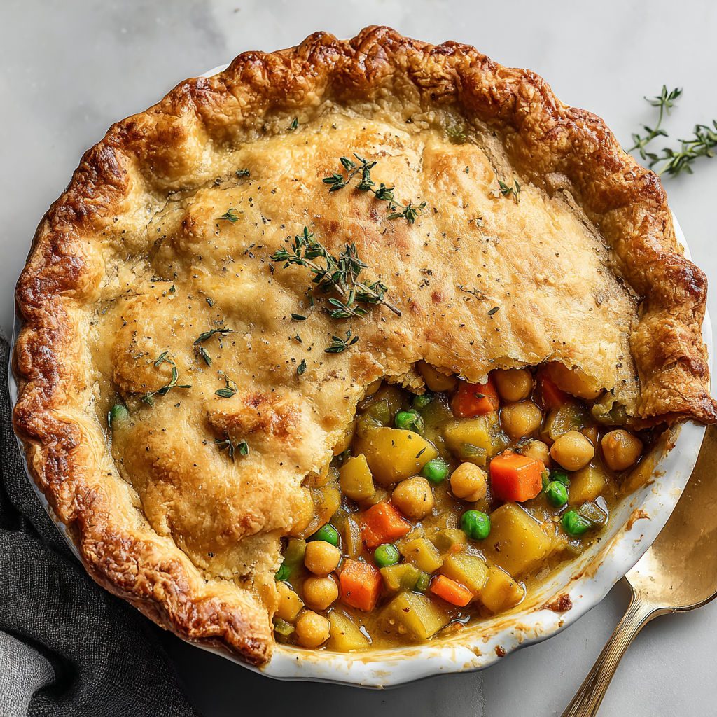 A vegan chickpea pot pie with a golden crust.