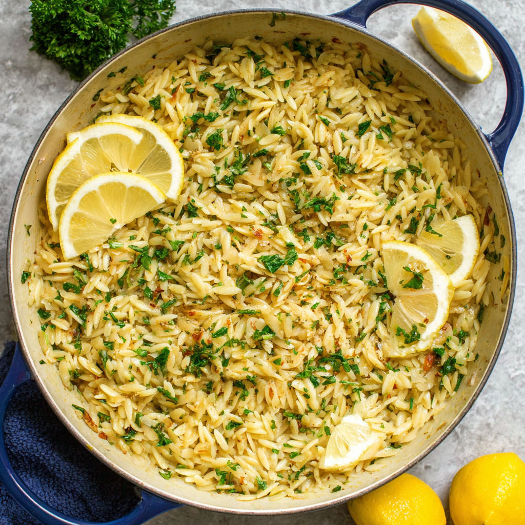 A pan of rice with lemon and herbs.
