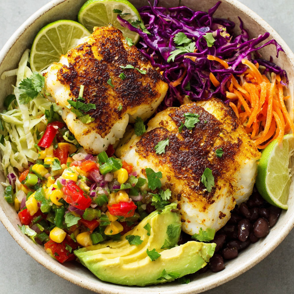 A bowl of food with fish and vegetables.