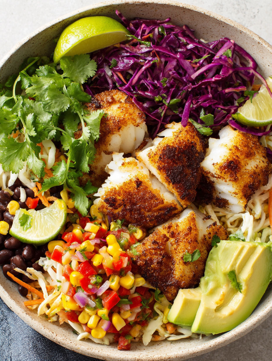 A bowl of food with fish, corn, and avocado.