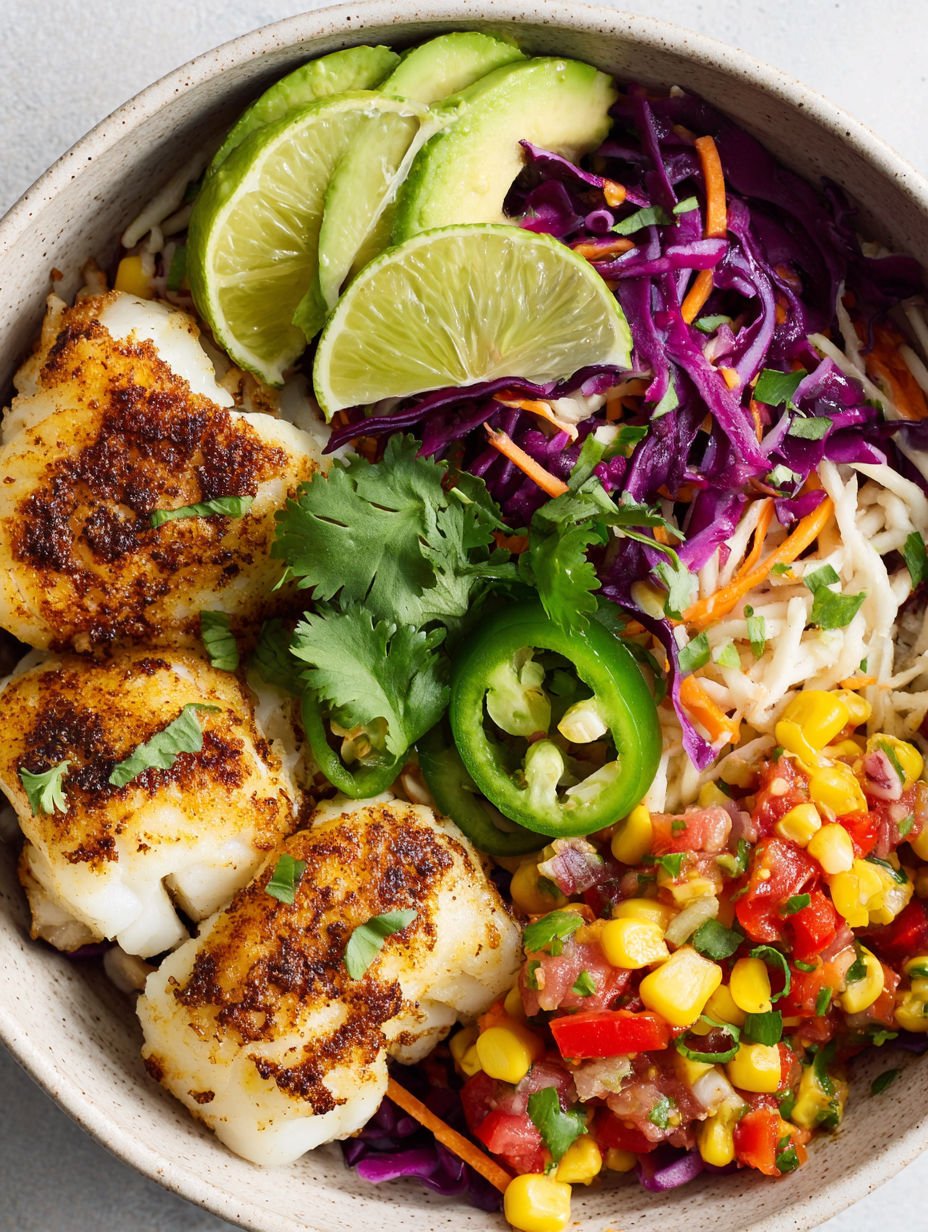 A bowl of food with a variety of ingredients including corn, carrots, and lime.
