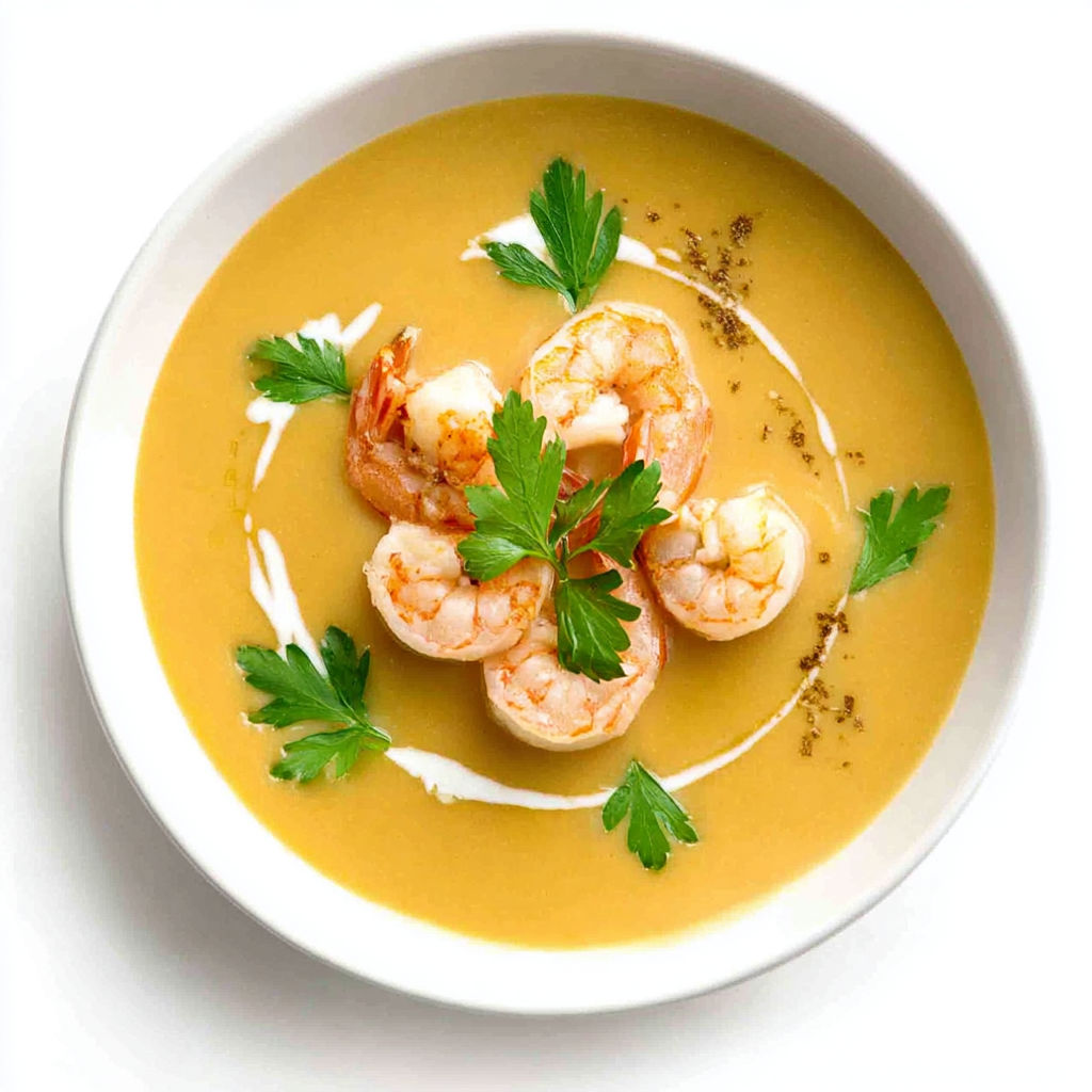 A bowl of creamy shrimp bisque with shrimp and herbs.