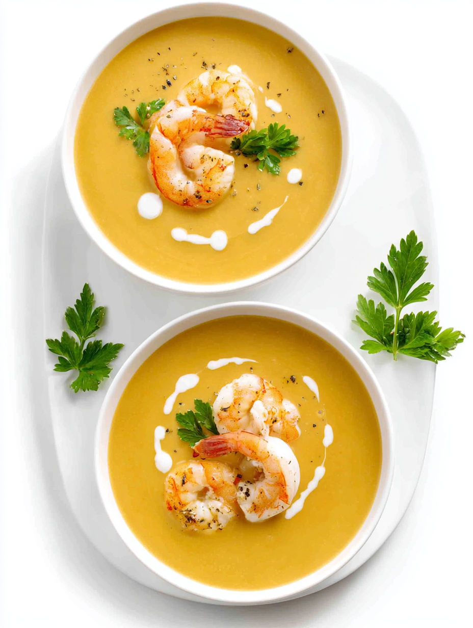 Two bowls of creamy shrimp bisque.
