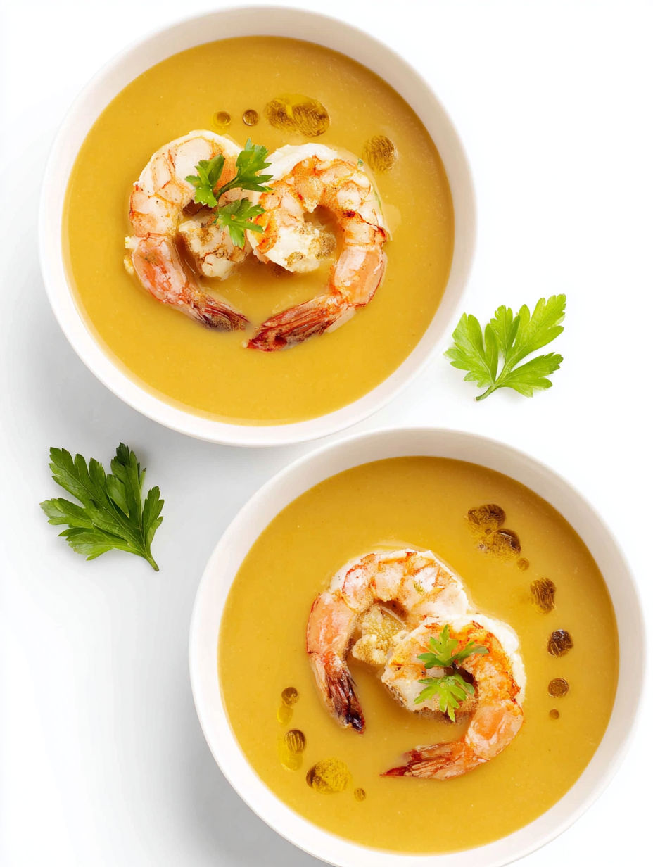 Two bowls of creamy shrimp bisque.