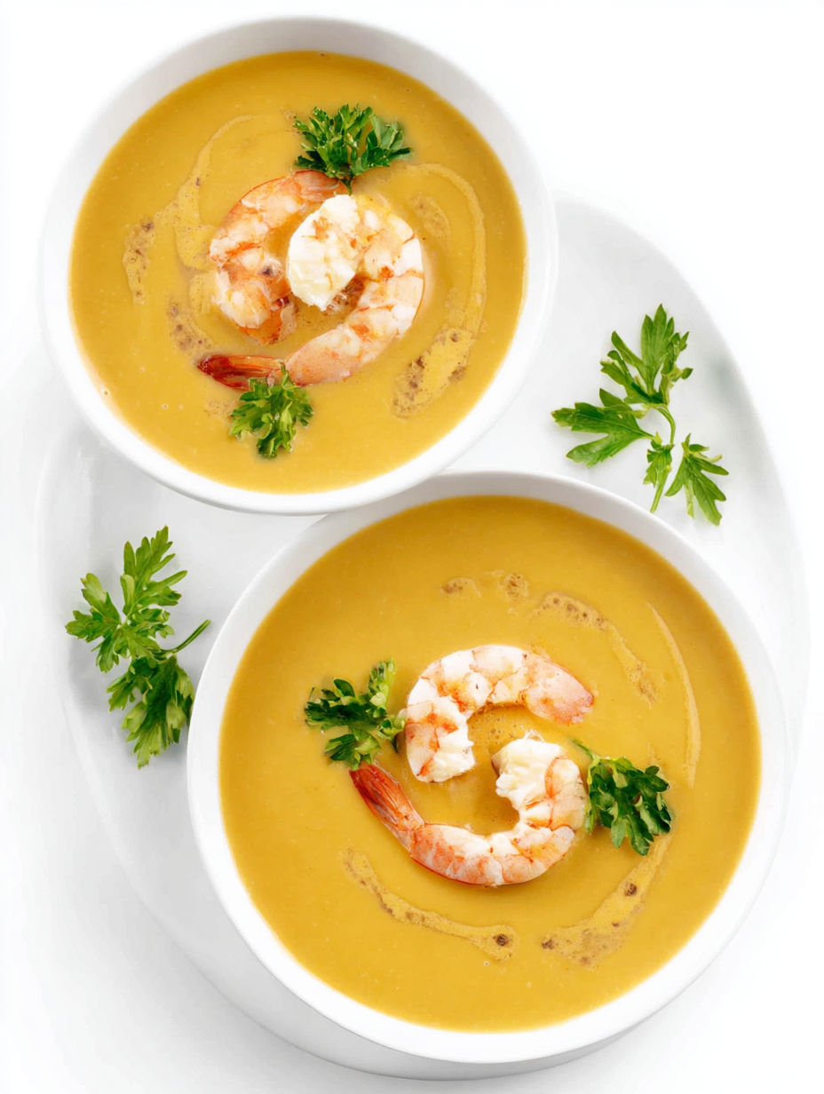 Two bowls of creamy shrimp bisque.