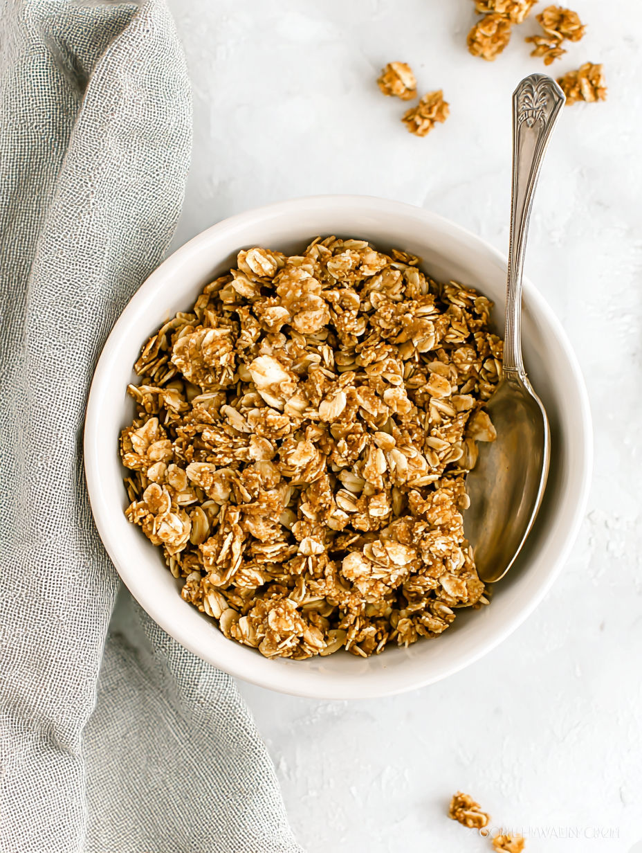 A bowl of granola with a spoon in it.