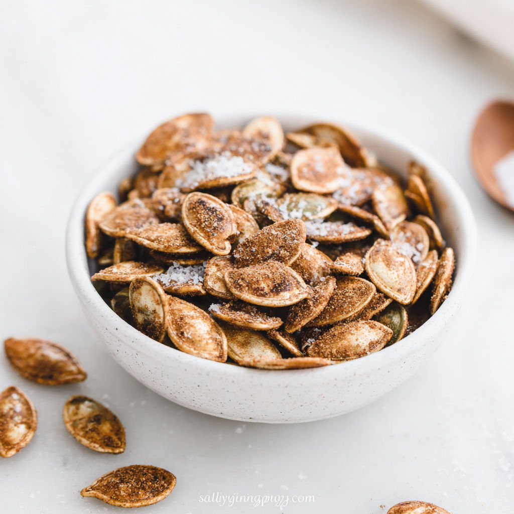 A bowl of pumpkin spice candied pumpkin seeds.