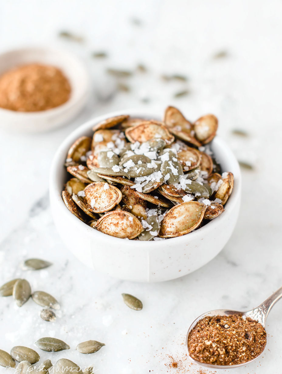 A bowl of pumpkin seeds with spices.