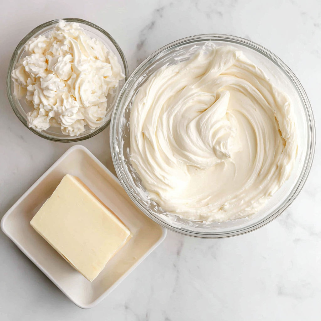 A bowl of cream cheese frosting sits on a marble counter.
