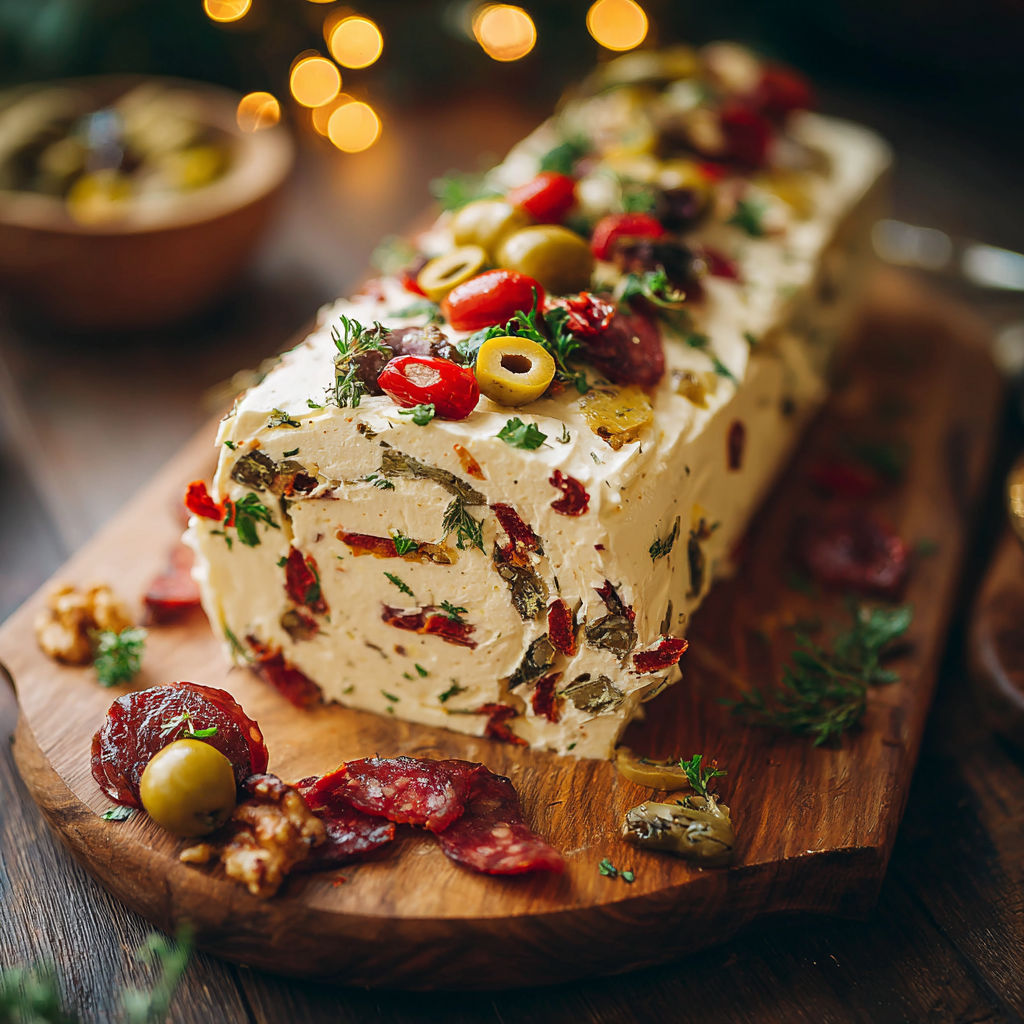 A large log of cream cheese with olives and tomatoes on it.
