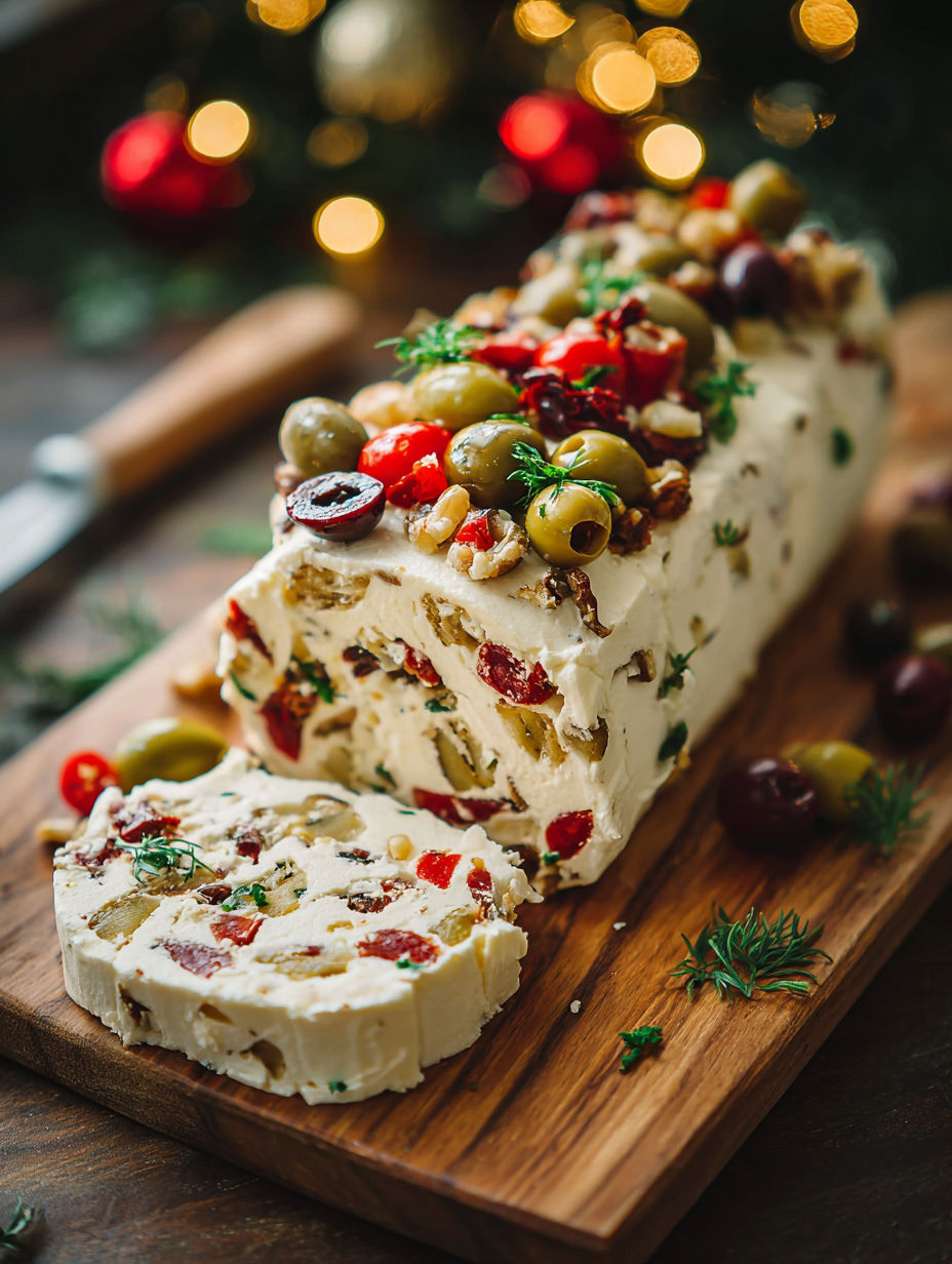 A log of cream cheese with olives and tomatoes on a wooden cutting board.