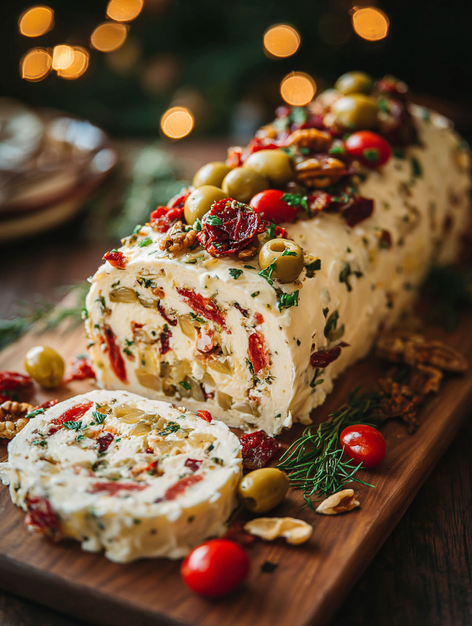 A festive holiday antipasto cream cheese log.