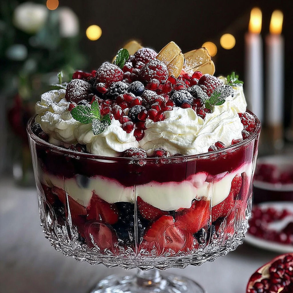 A glass bowl filled with a Christmas Pavlova Trifle.