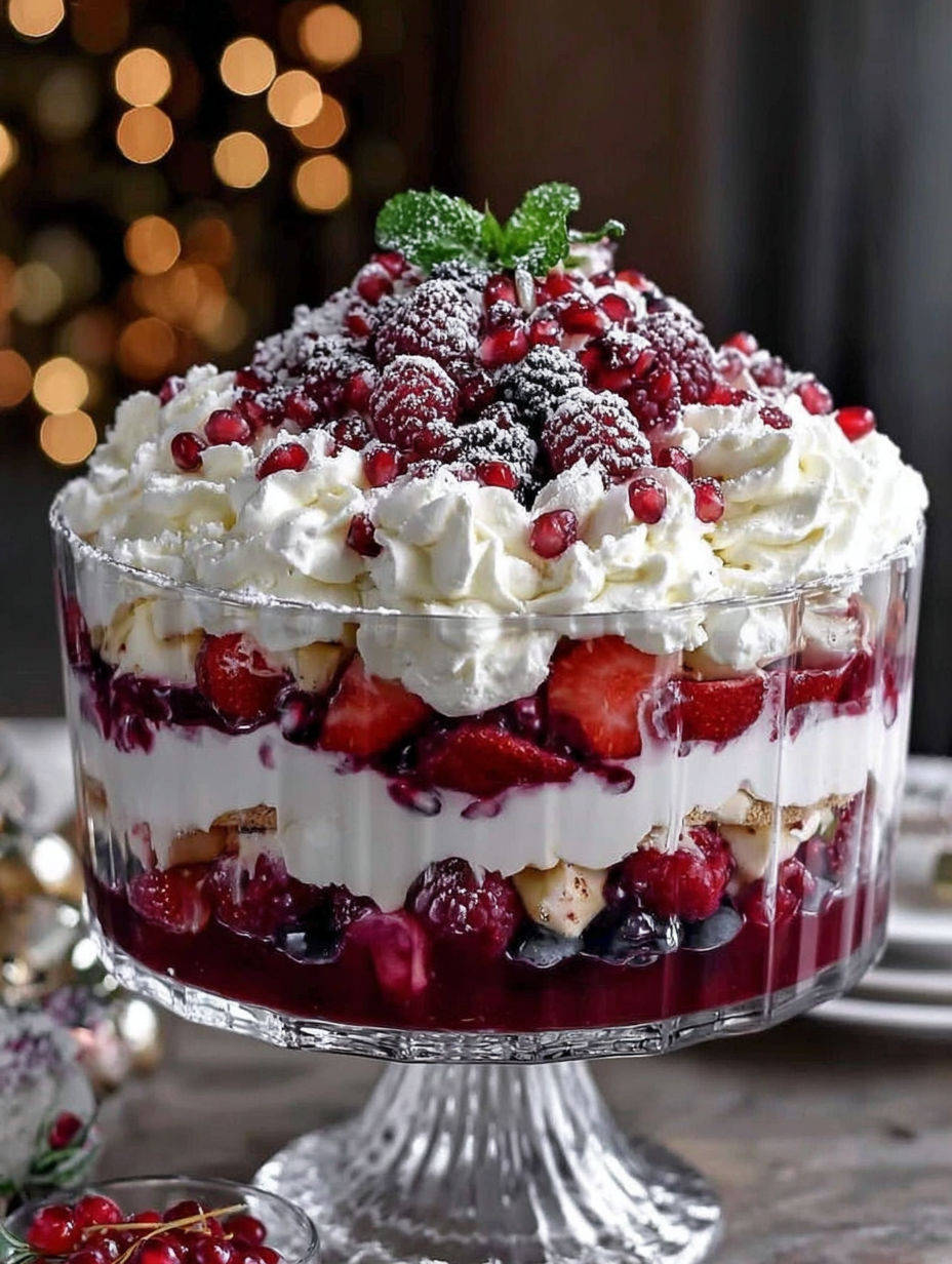 A glass cake with strawberries and raspberries.