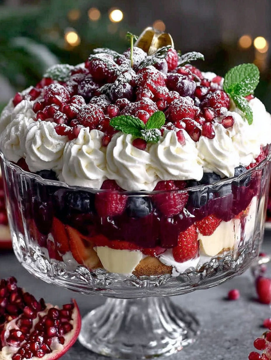 A glass bowl filled with a dessert that includes strawberries, raspberries, and blueberries.