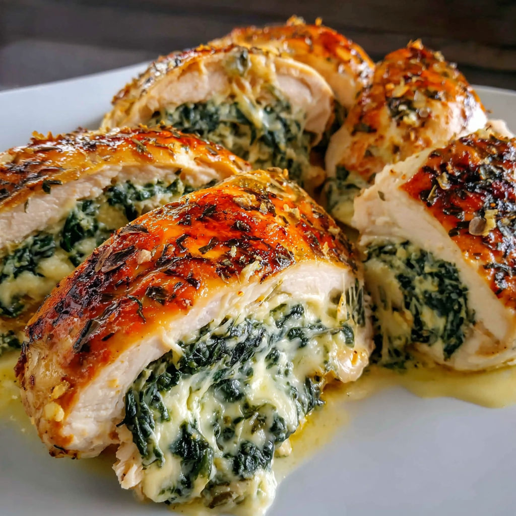 Chicken with spinach stuffed inside.