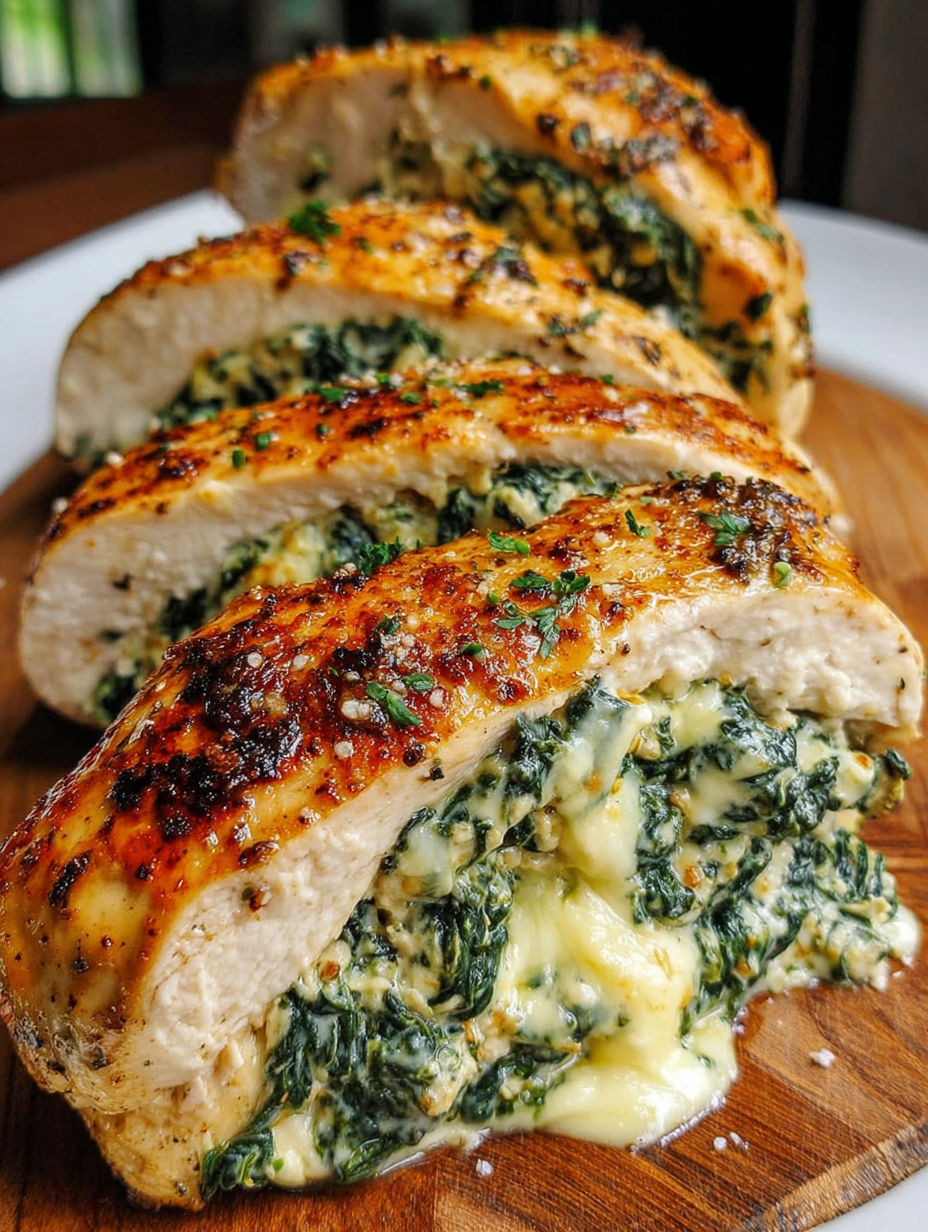 Spinach stuffed chicken on a wooden table.