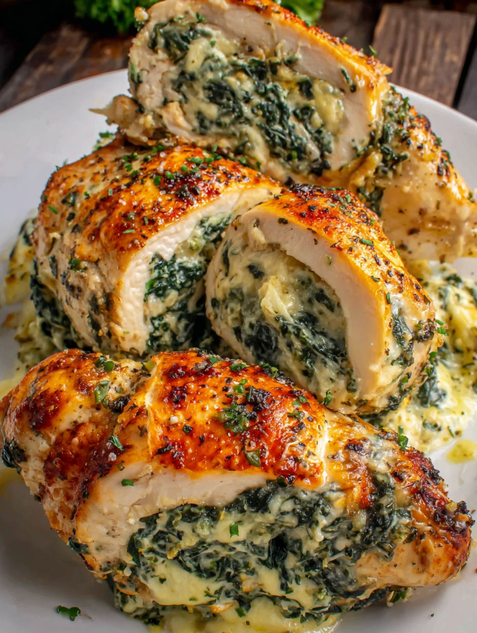 A plate of spinach stuffed chicken.