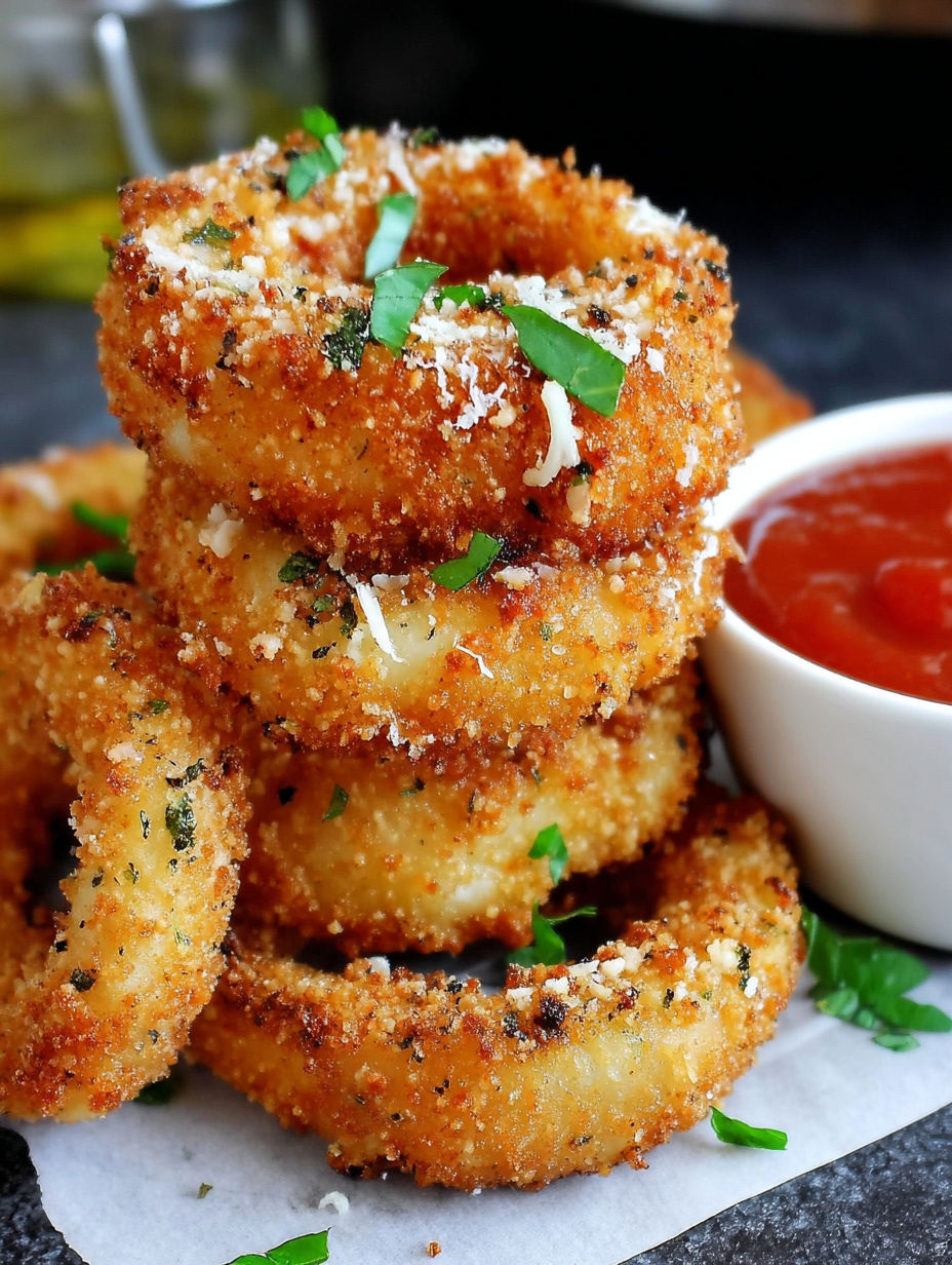 Mozzarella sticks and onion rings on a plate.