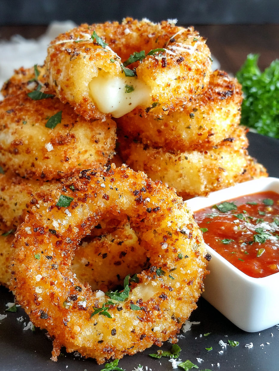 Mozzarella sticks and onion rings on a plate.