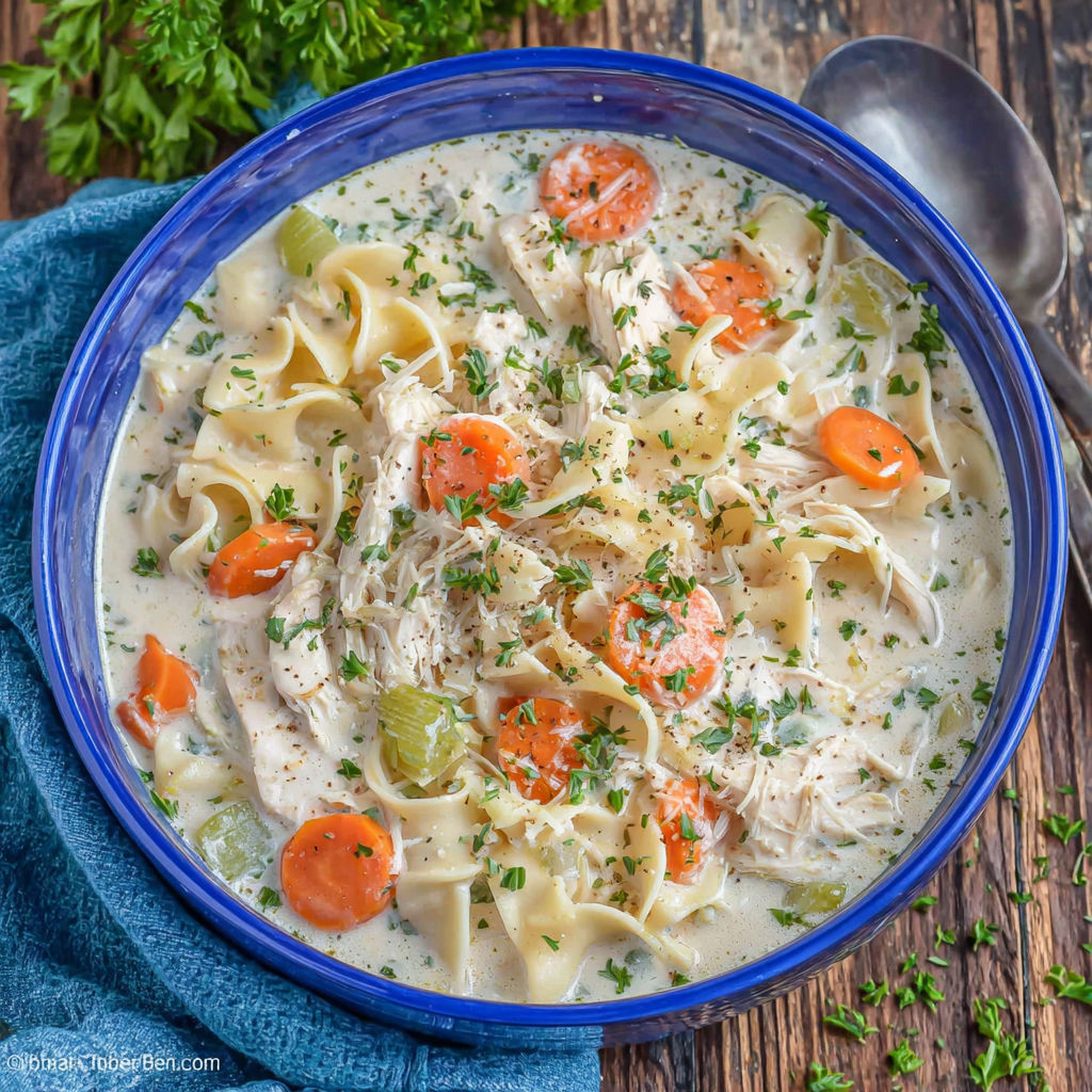 A bowl of creamy chicken noodle soup.