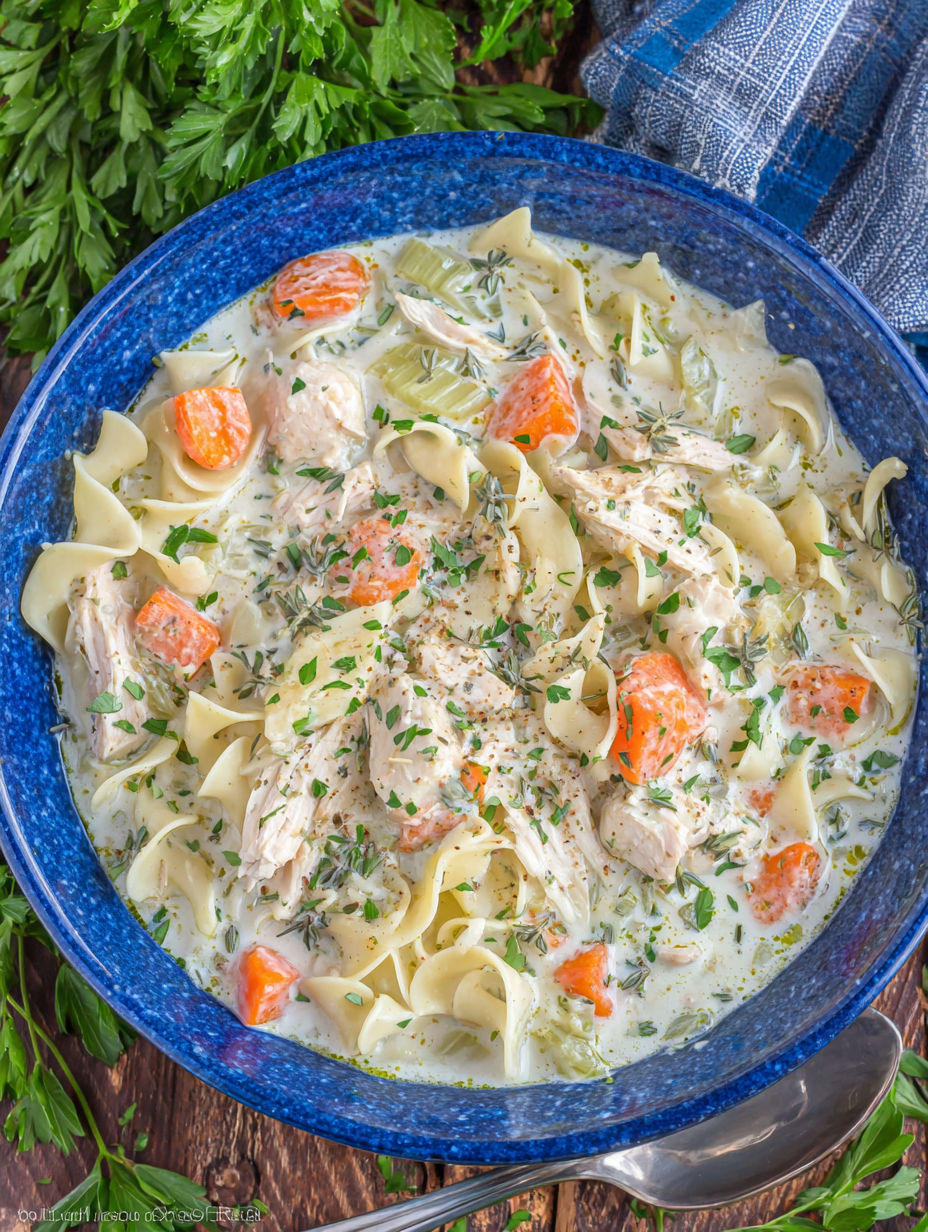 A bowl of creamy chicken noodle soup.