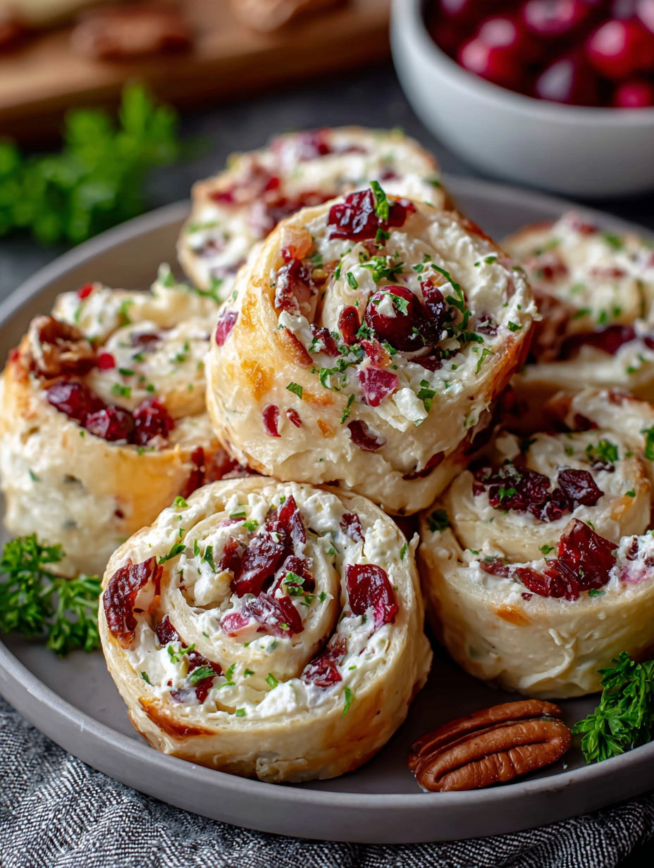 Sweet and savory cranberry cream cheese pinwheels.