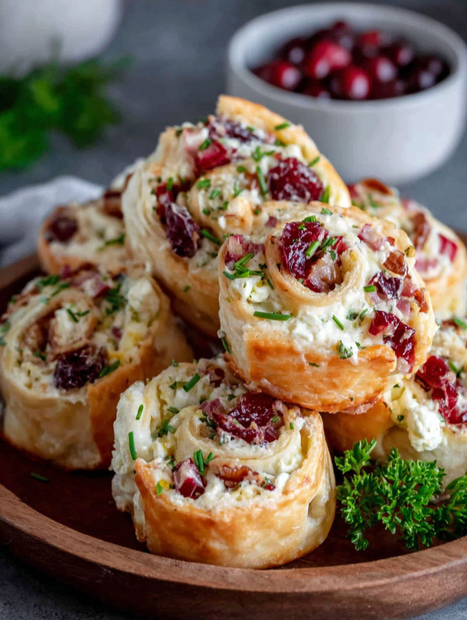 Sweet and savory cranberry cream cheese pinwheels.