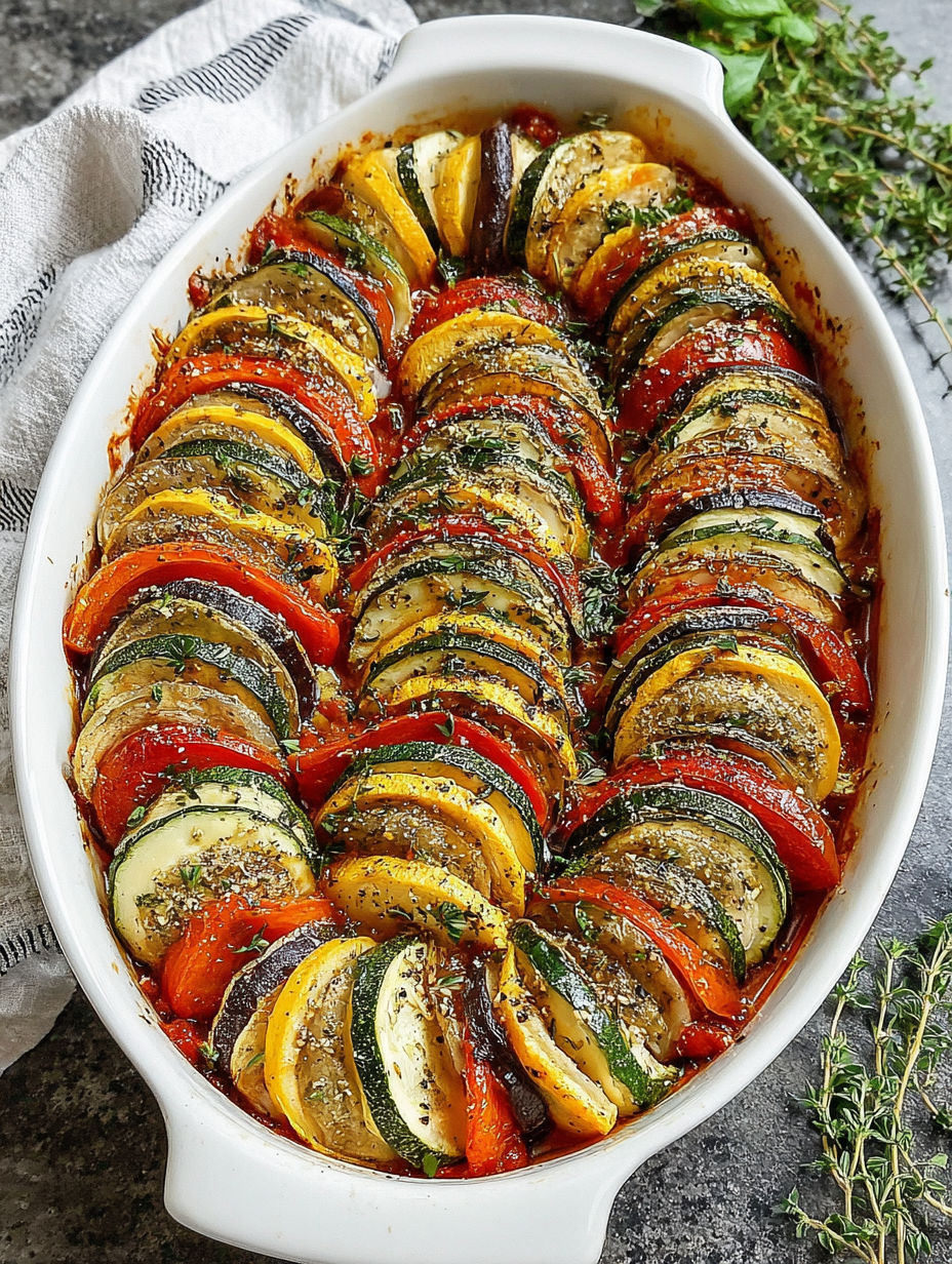 A baked Ratatouille Casserole with a variety of vegetables.