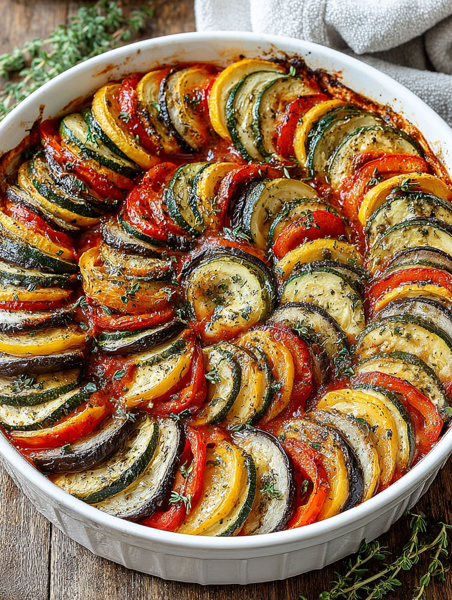 A baked Ratatouille Casserole with a variety of vegetables.