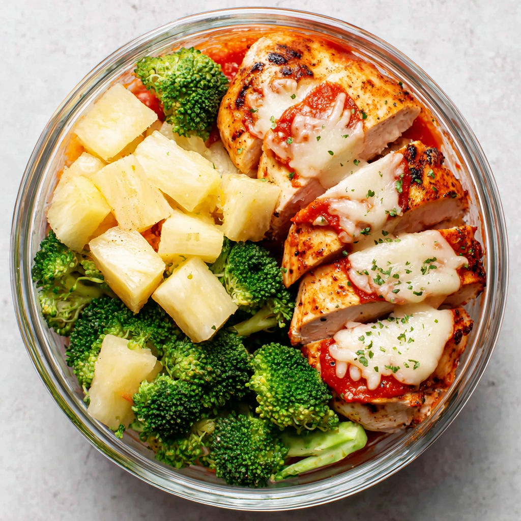 A bowl of food with chicken, broccoli, and pineapple.