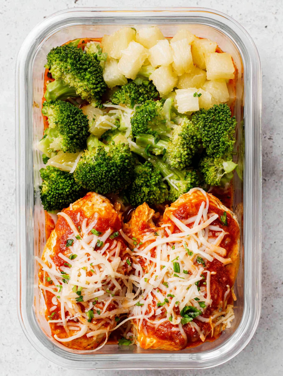 A bowl of food with chicken, broccoli, and pineapple.