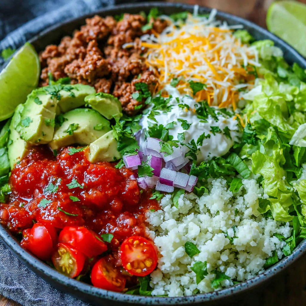 A protein-packed breakfast burrito bowl with rice, beans, cheese, tomatoes, and lime.