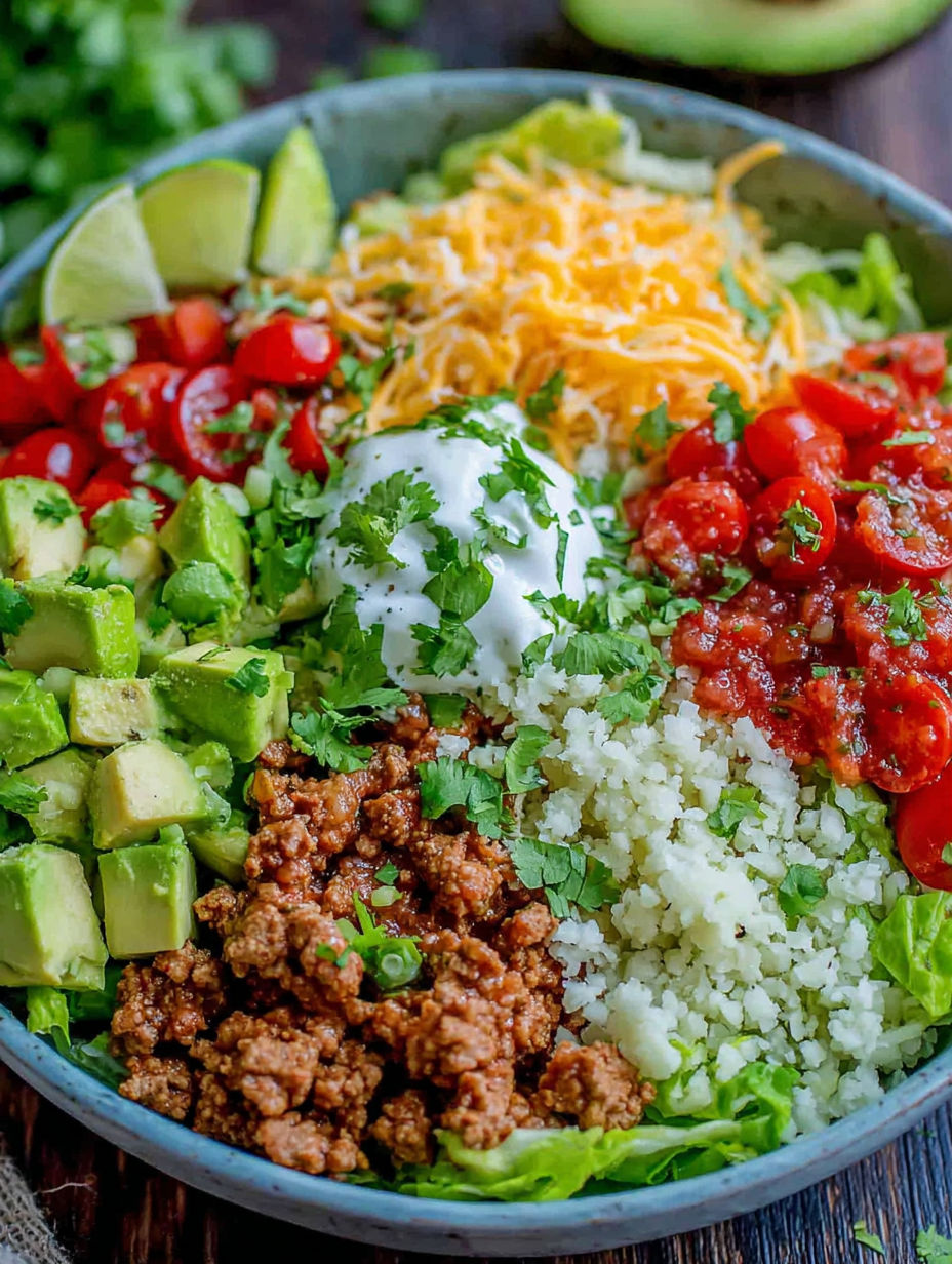 A bowl of food with a variety of ingredients, including meat, cheese, tomatoes, and lettuce.