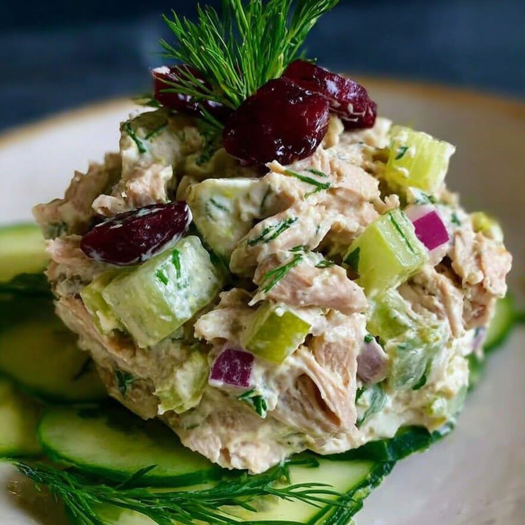 A plate of tuna salad with cucumber and tomato.