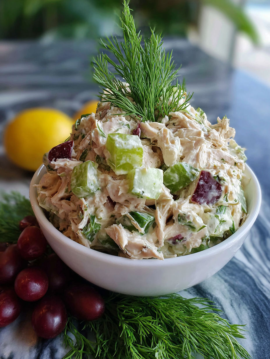 A bowl of tuna salad with a lemon wedge on top.