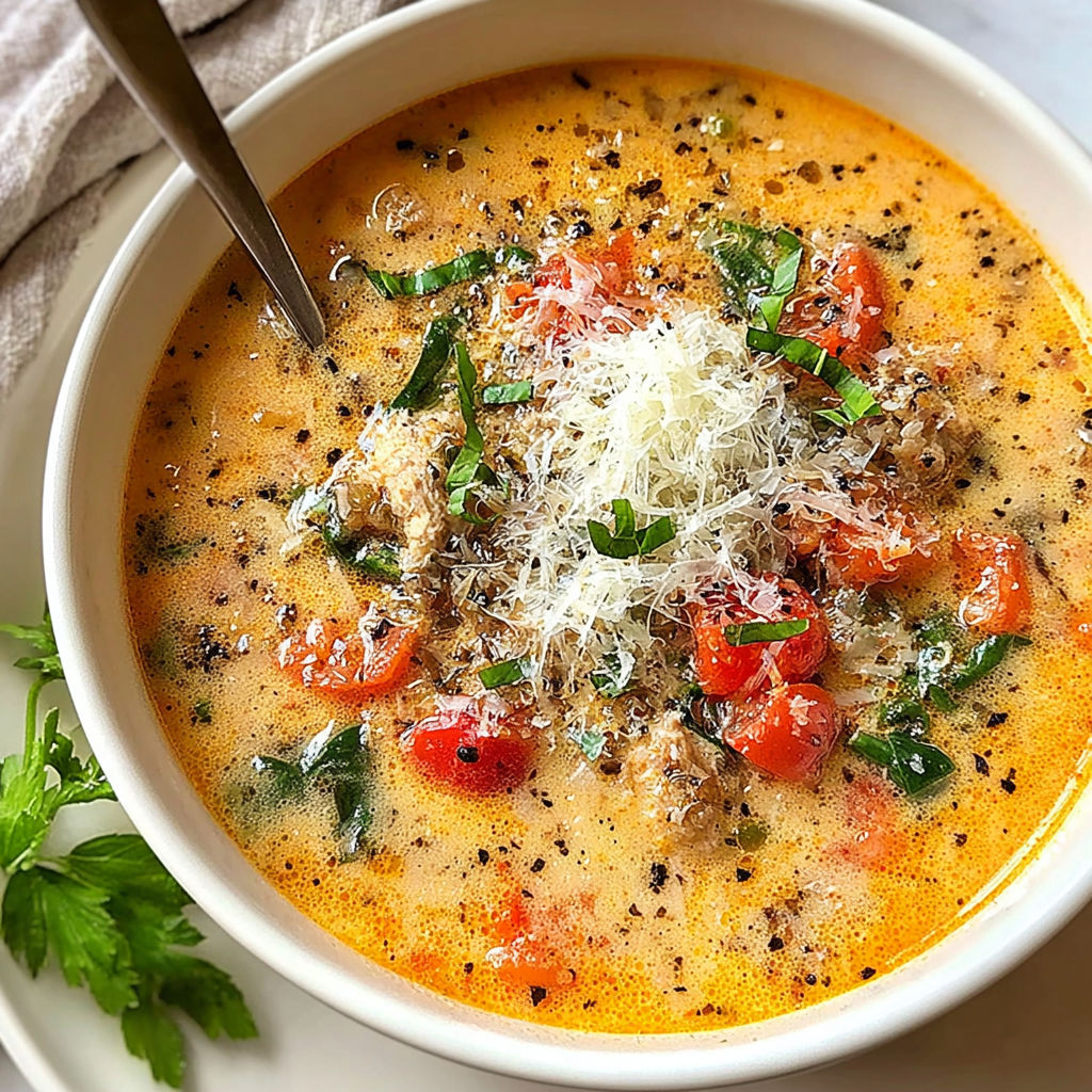 A bowl of soup with tomatoes, cheese, and herbs.