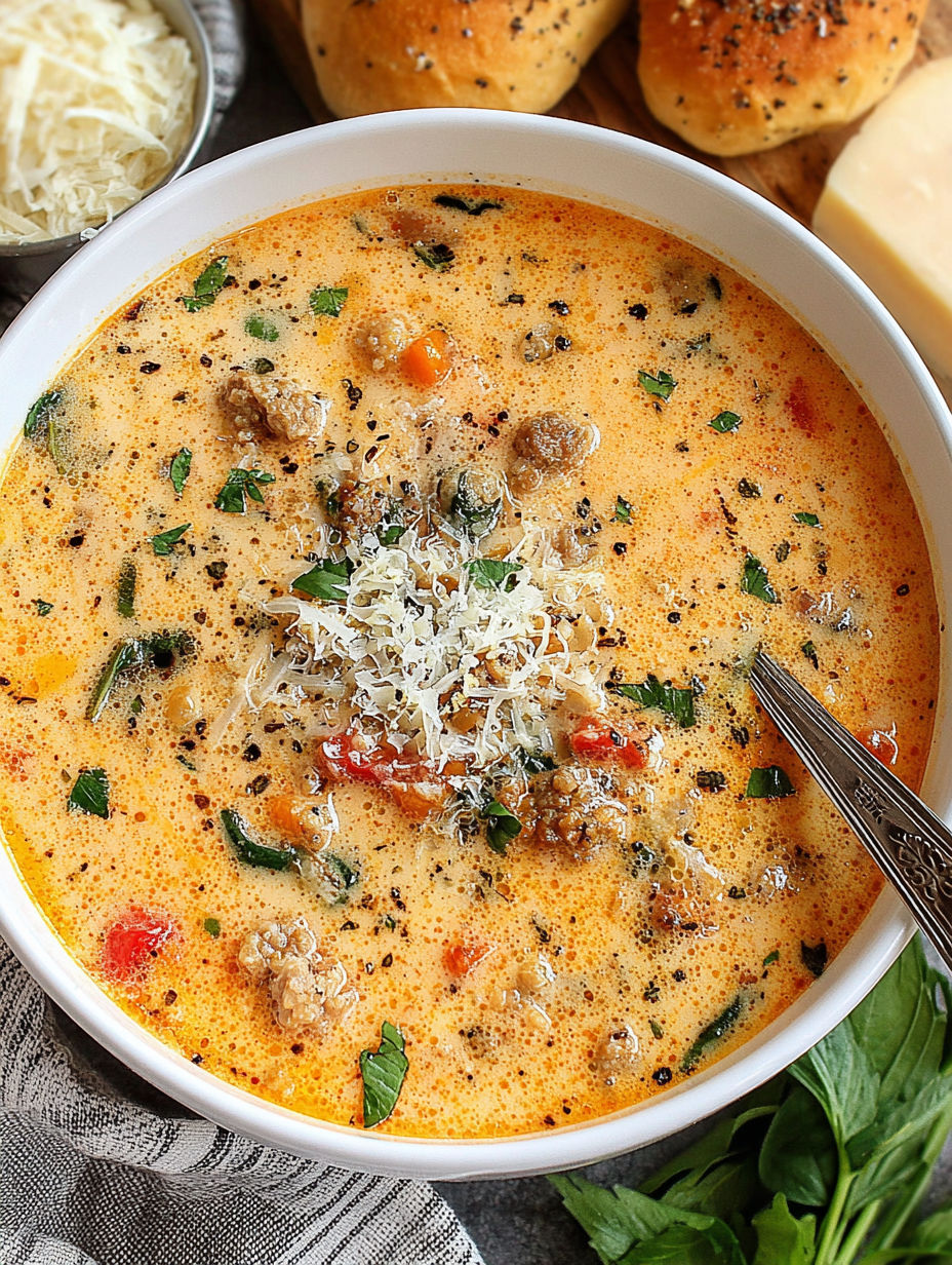 A bowl of soup with a spoon in it.