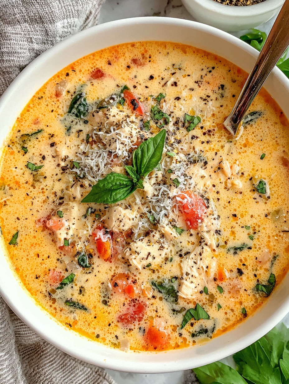 A bowl of soup with tomatoes, spinach, and chicken.