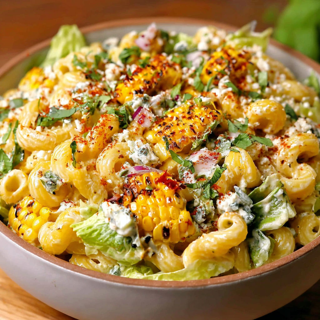 A bowl of pasta salad with corn and blue cheese.