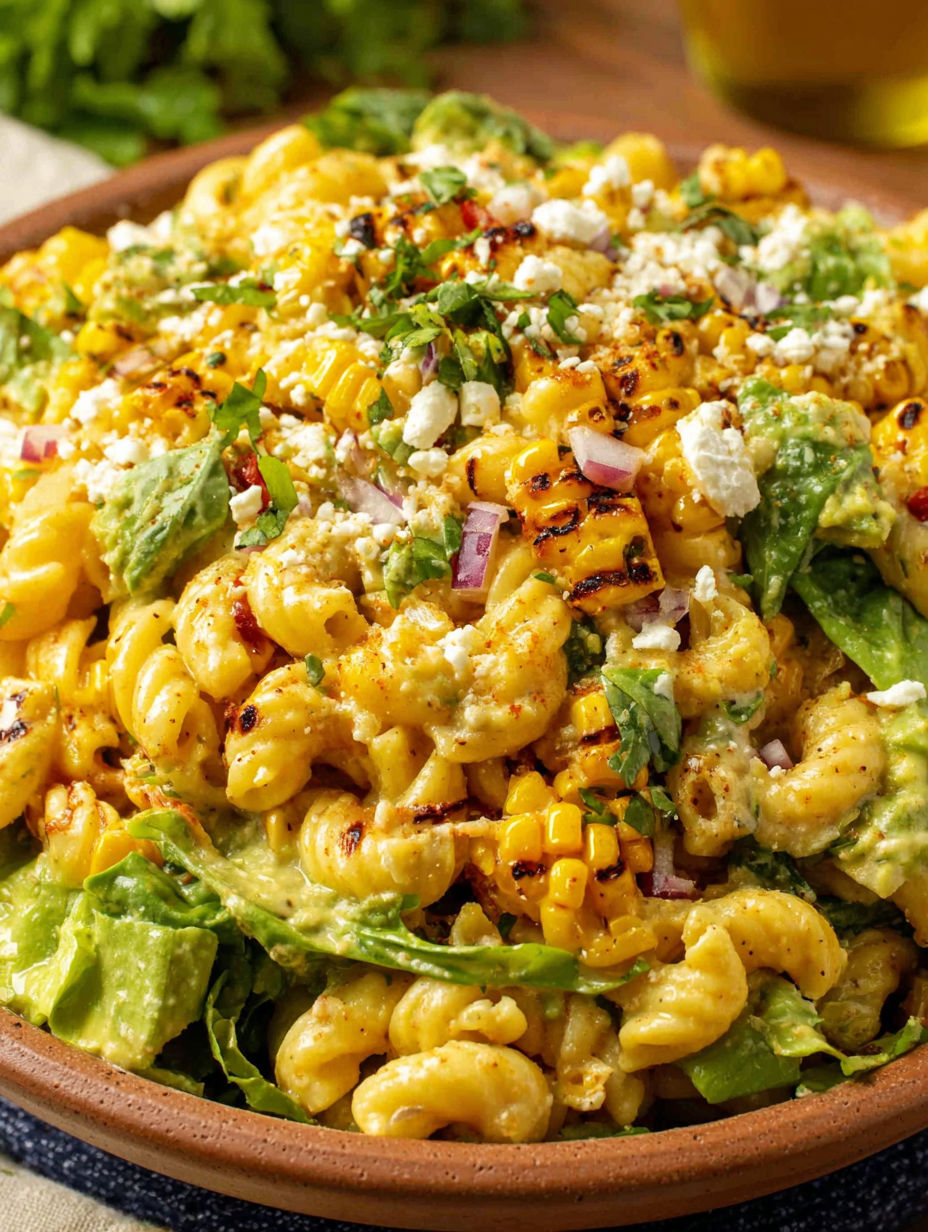 A bowl of Elote Pasta Salad.