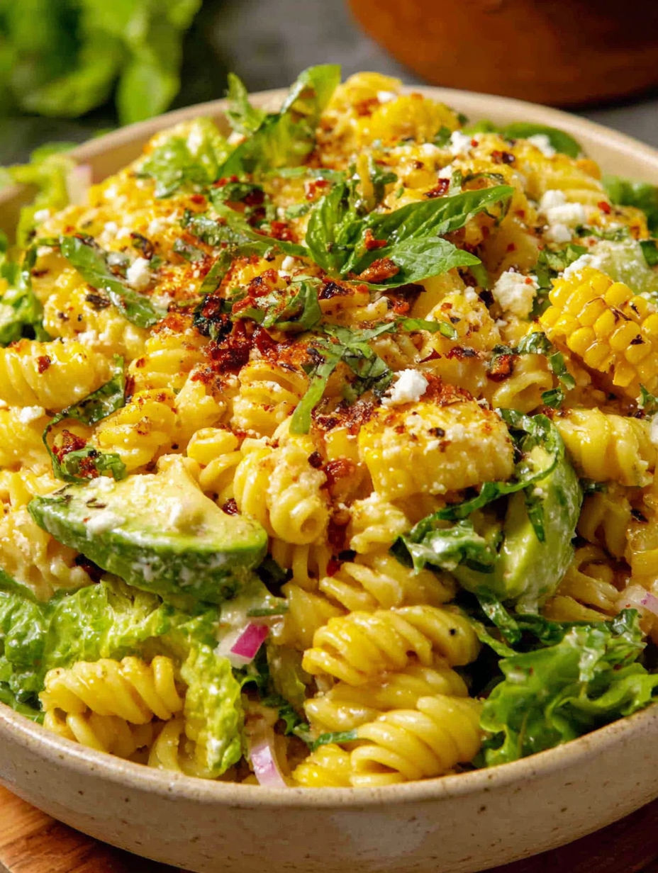 A bowl of elote pasta salad.