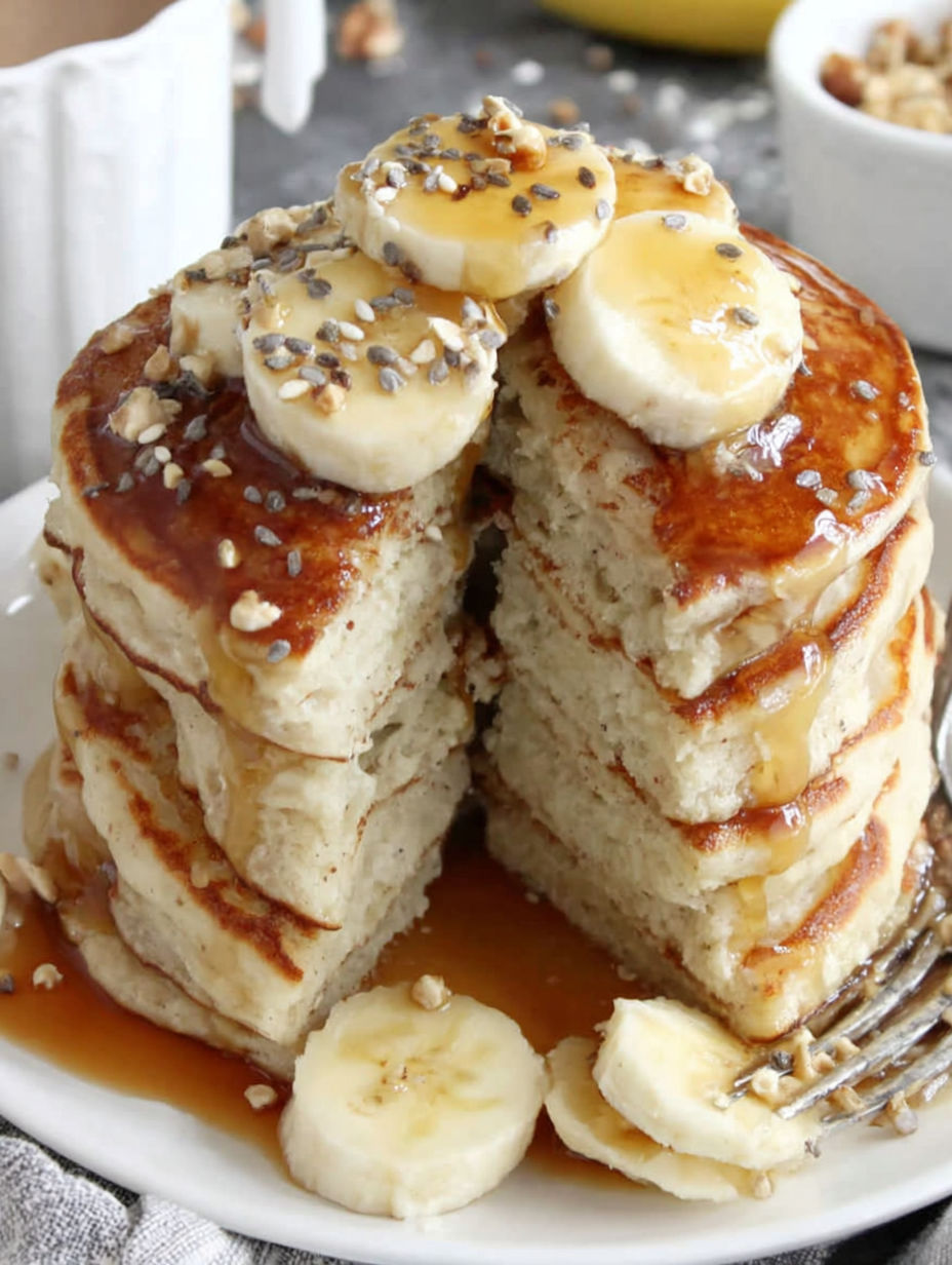 A stack of pancakes with bananas on top.